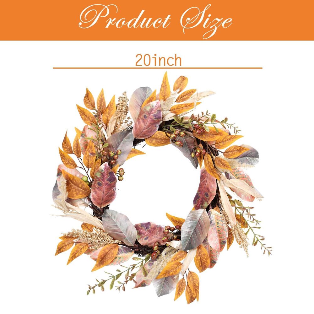 1338 20 Inch Fall Wreath Autumn Harvest Front Door Wreath with Leaves - Picture 3 of 8